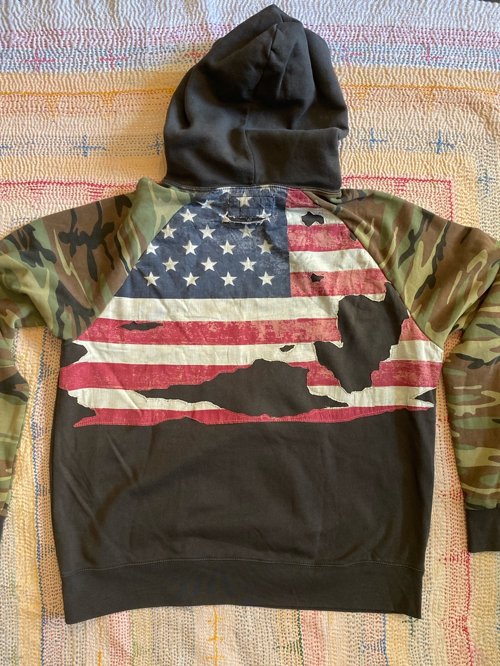 Denim & Supply Ralph Lauren Hoodie with Camo Sleeves Distressed American Flag XL